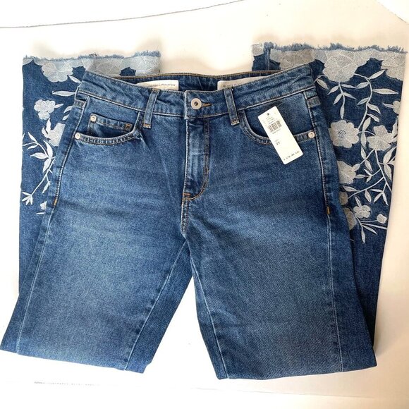 Anthropologie Pilcro Slim Boyfriend Jeans Womens 25 Blue Floral Embroidery - Picture 4 of 6